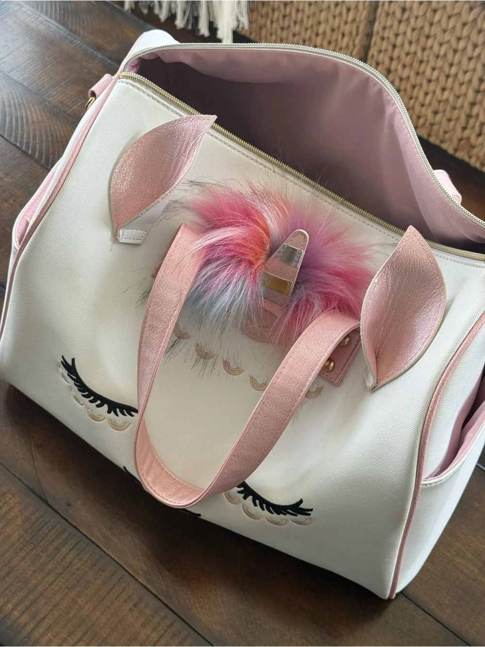 Under One Sky White and Pink Unicorn Satchel with Rainbow Pom